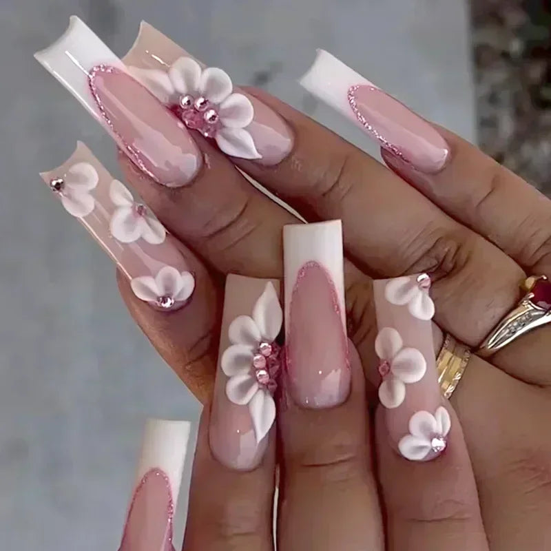 24Pcs False Nails Long Coffin Ballet French with Rhinestones Wearable Fake Nails Blue Flower Full Cover Press on Nails Tips Art