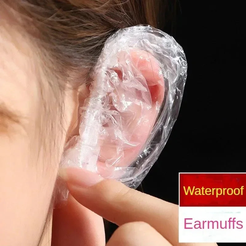 100PCS Disposable Hair Earmuff Dye Transparent Elastic Shower Hair Dye Protection Tool Shield Waterproof Earpack Plastic Wrap