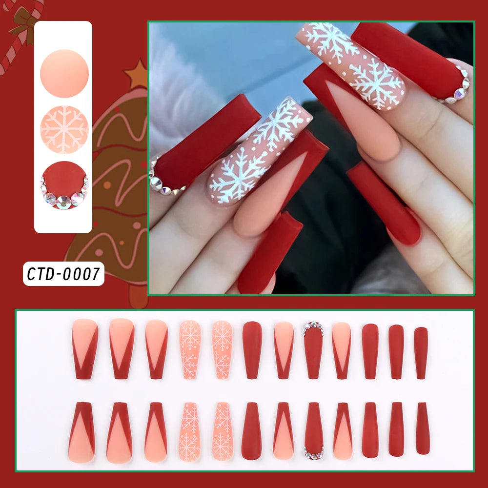 24pcs Glossy Short Ballet Fake Nails Christmas Red Press On Nails With White Snowflake Stripe Design Glitter French False Nails*