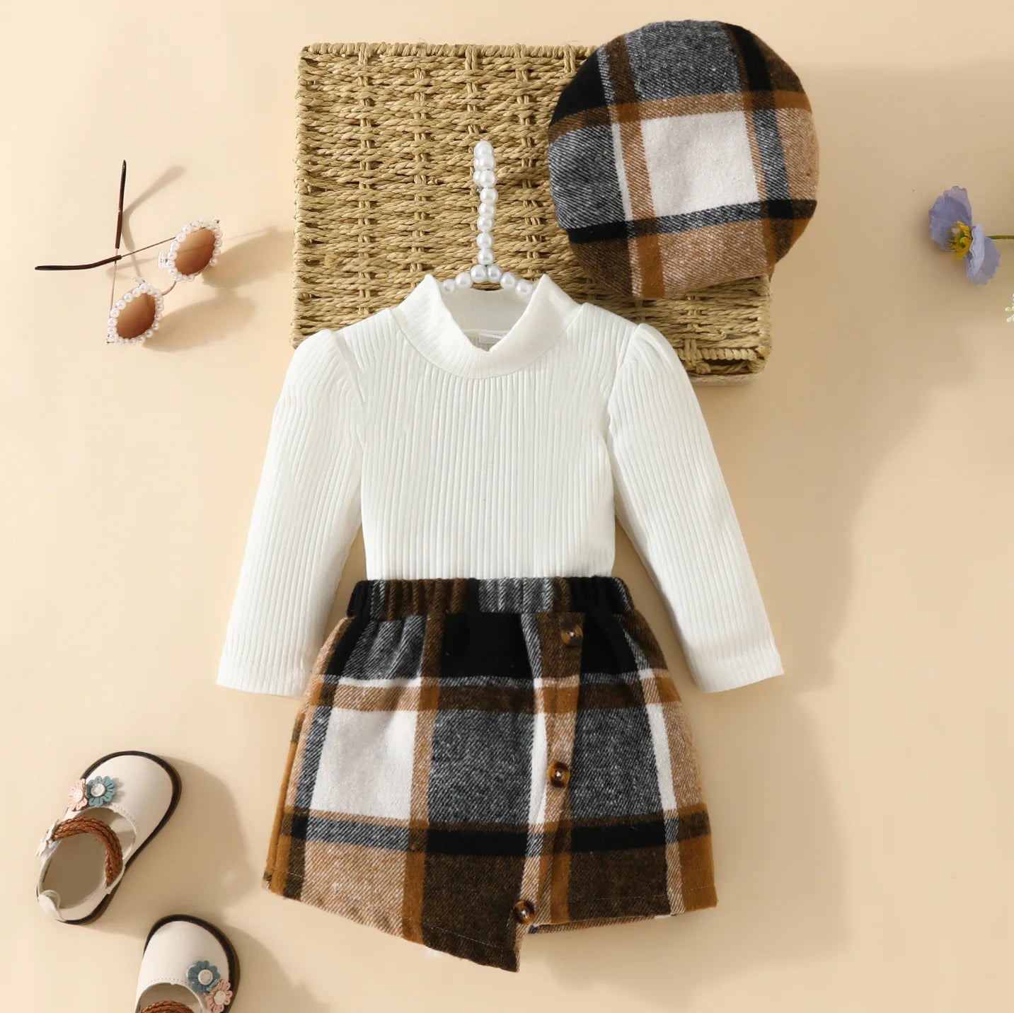 Infant Spring Autumn Long Sleeve Top andDress Set 6-18months Baby Girl Solid ColorTop Houndstooth Half Skirt Beret