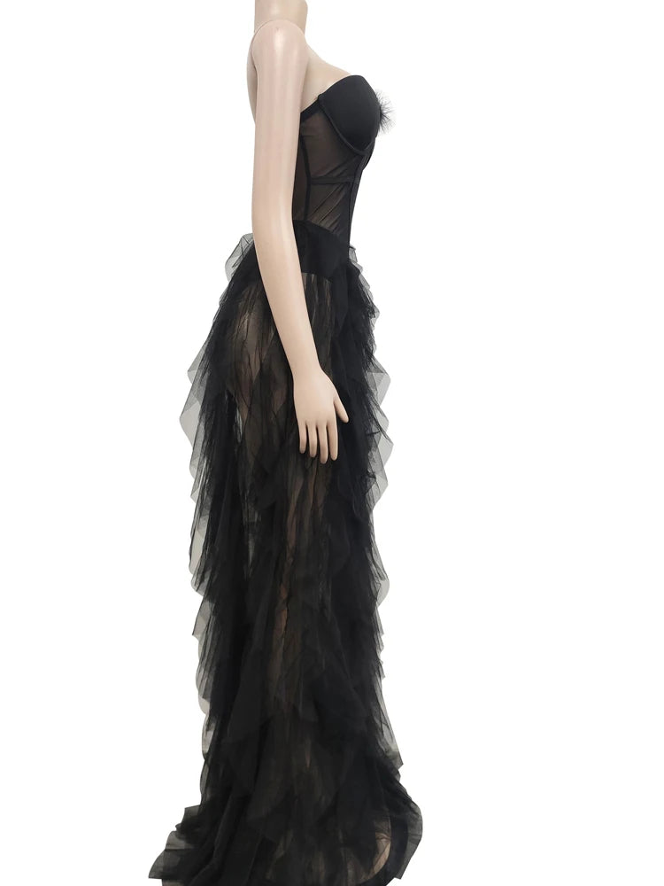 Ruffles Chffion Party Feather Maxi Dress