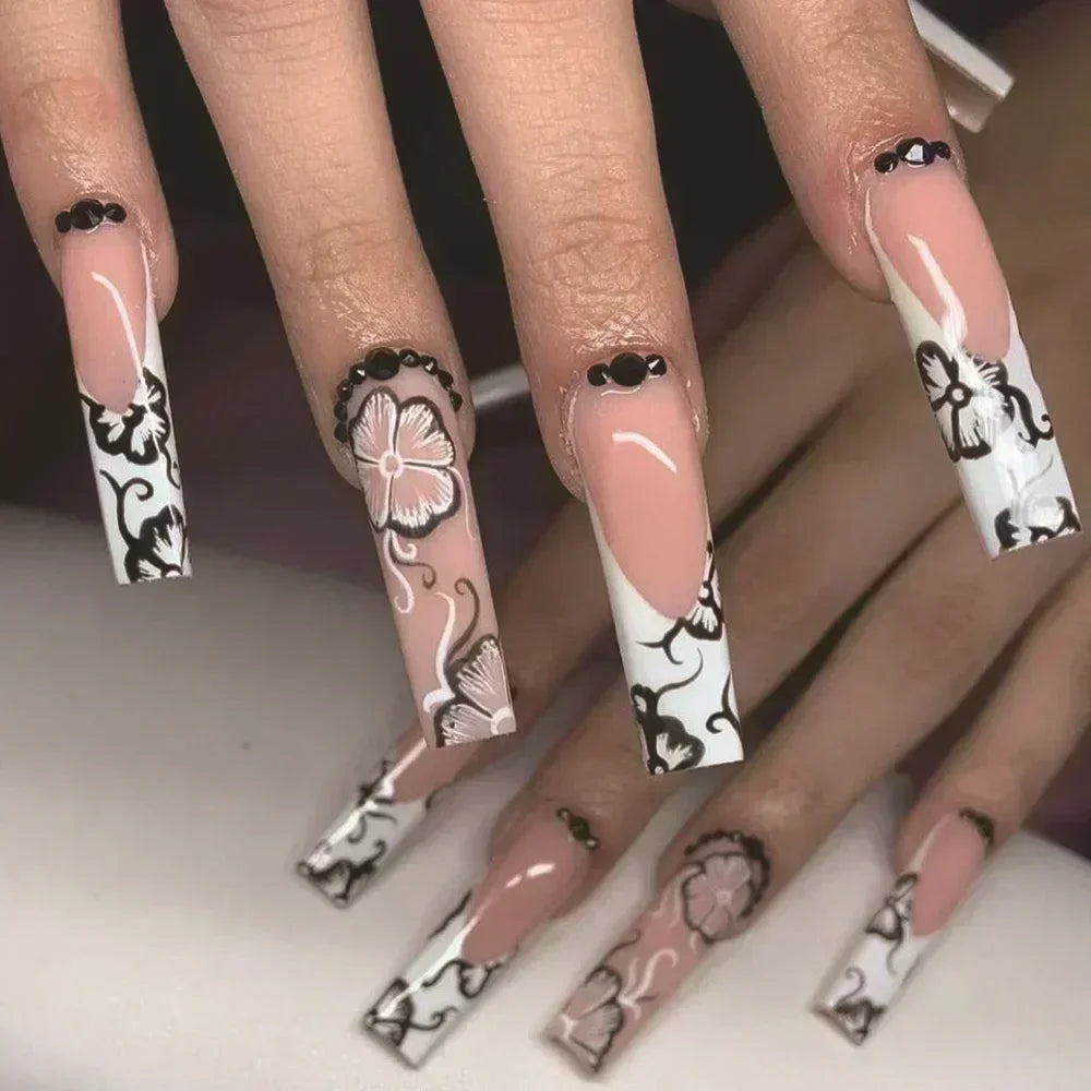 24Pcs Full Cover False Nails with Glue Long Square Coffin Fake Nails French Detachable Ballet Love Pattern Design Press on Nails
