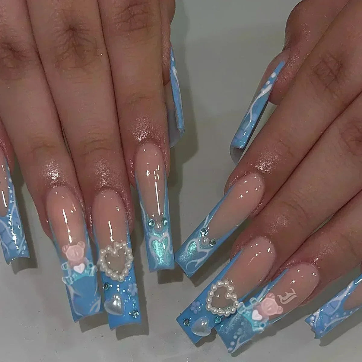 24Pcs White French False Nails Long Coffin Flower Butterfly with Rhinestones French Design Wearable Fake Nails Press on Nails