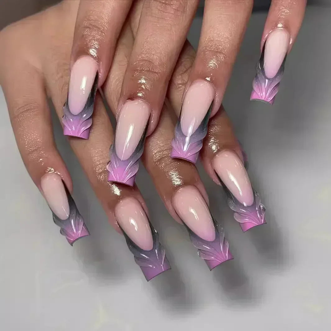 24Pcs Long Ballet Square False Nails Simple French 3d Curve Design Fake Nails Wearable Press on Fake Nails Full Cover Nails Tips
