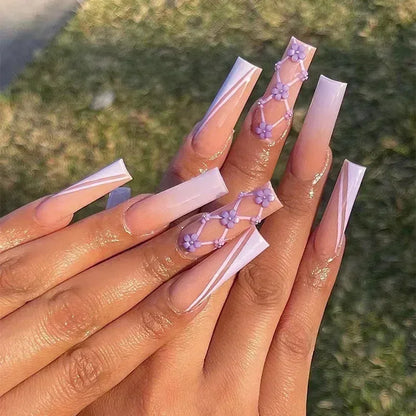 24Pcs False Nails Long Coffin Ballet French with Rhinestones Wearable Fake Nails Blue Flower Full Cover Press on Nails Tips Art
