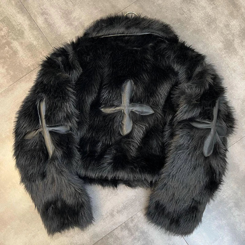 Winter Women Cotton Jacket Lapel Long Sleeve Patch Cross Short Fur Coat Black