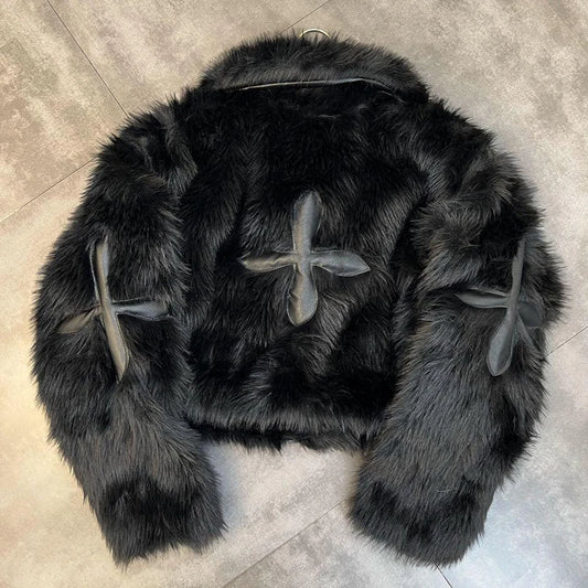 Winter Women Cotton Jacket Lapel Long Sleeve Patch Cross Short Fur Coat Black