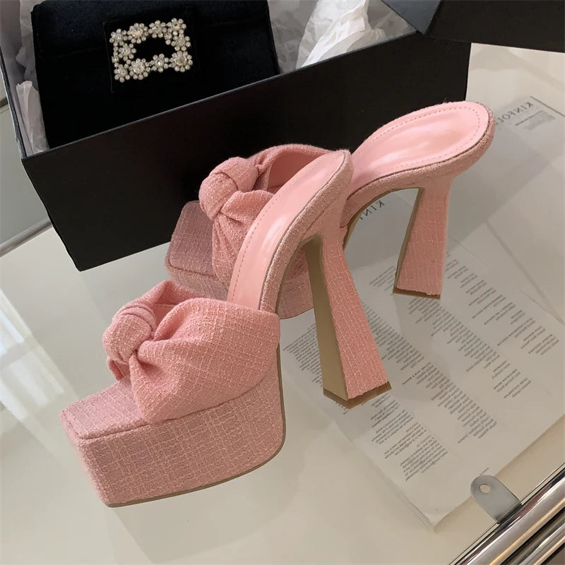 Chunky Platform Woman Slippers Butterfly-knot Open Toe Sandals Extreme High Heels