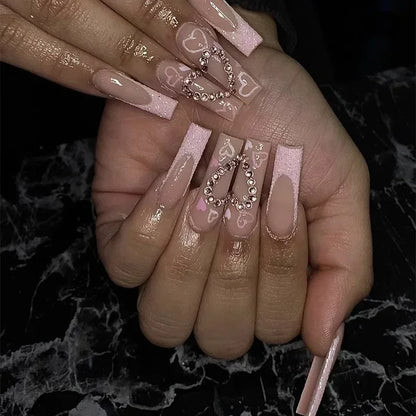 24Pcs Long Ballet French False Nails Pink Butterfly Flower with Rhinestones Wearable Fake Nails Gradient Press on Nail Tips Art