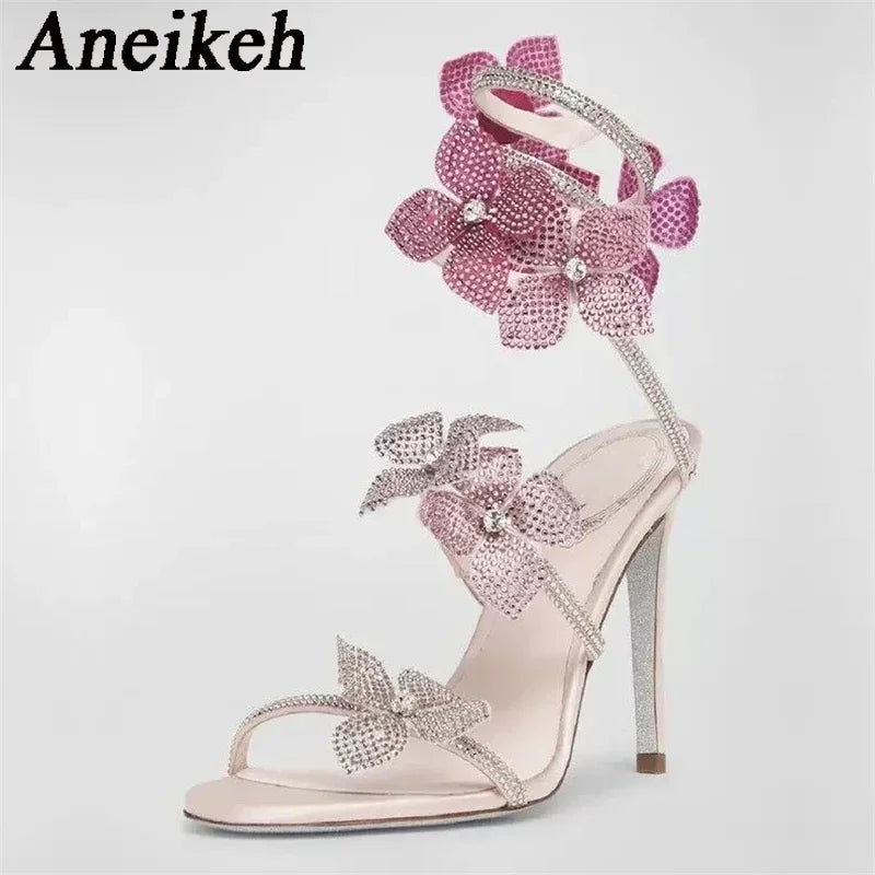 Aneikeh Sexy CRYSTAL Flower Narrow Band Ankle Strap Sandals Woman Thin High Heels Street Style  Pole Dancing Ladies Shoes