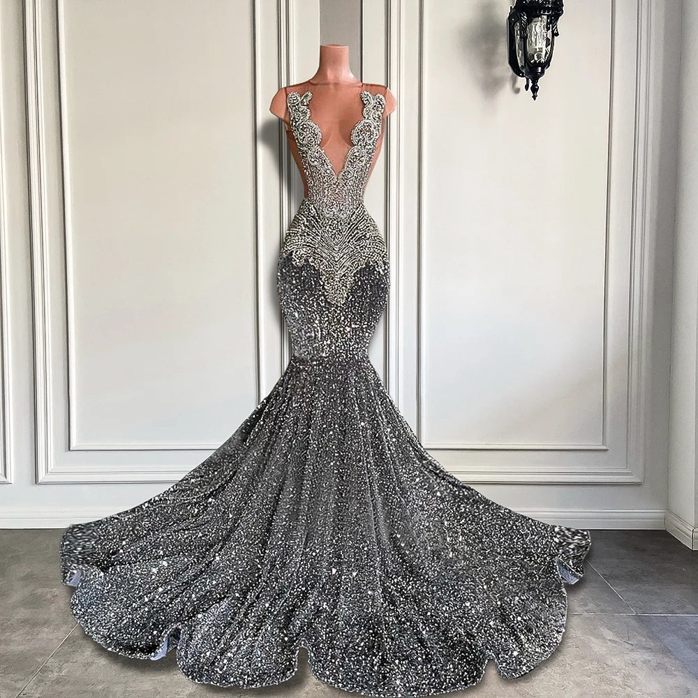 Sexy Long Sparkly Sheer O-neck Luxury Silver Crystals Diamond Sequin Mermaid