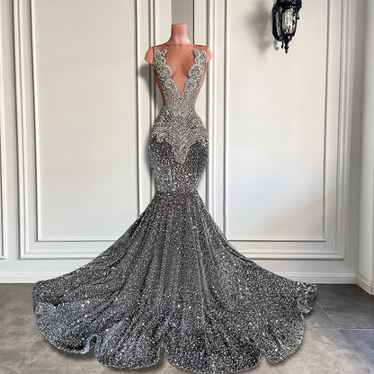 Sexy Long Sparkly Sheer O-neck Luxury Silver Crystals Diamond Sequin Mermaid