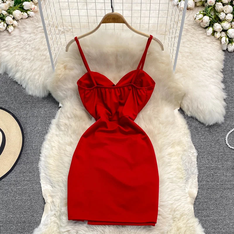 Sexy Spaghetti Strap Dress Women's Side Slit Hip Wrap Mini Dress