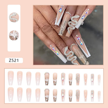 24pcs Artifical Fake Nails Long Coffin French Ballerina Wearable False Nail Tips Finished Rhinstones Flower Design Press on Nail