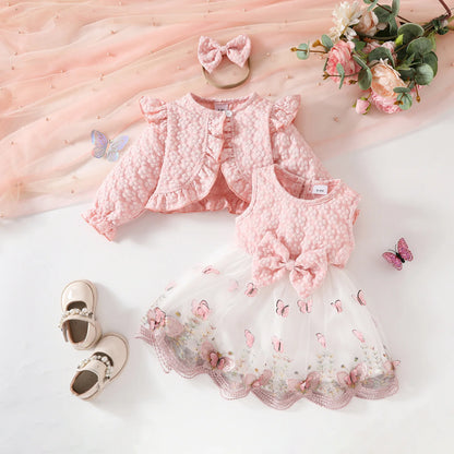 Baby Dresses Birthday Party Costume Pink Jacquard Cardigan Coat and Lace Butterfly Dress For Girls Newborns Infants Clothes