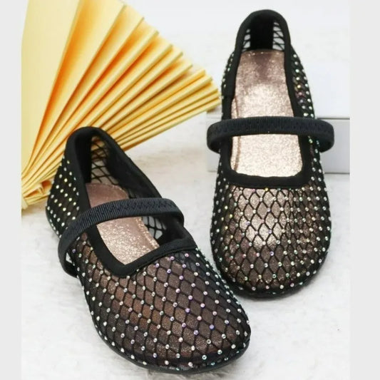Luxury Lace Mesh Ballet Flat Kid Girls Elegant Brand Design Rhinestones Covered Fishnet Ballerina Shoes Children Dress Zapatos