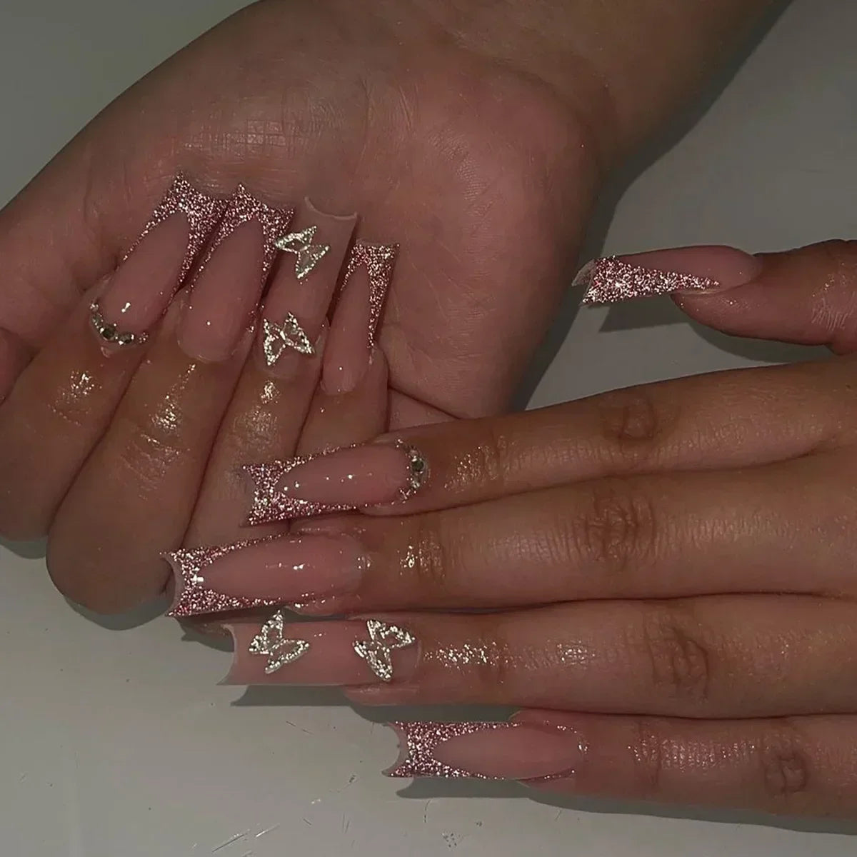 24Pcs Full Cover False Nails with Glue Long Square Coffin Fake Nails French Detachable Ballet Love Pattern Design Press on Nails