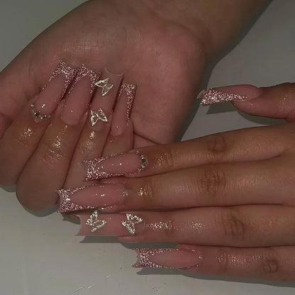 24Pcs Full Cover False Nails with Glue Long Square Coffin Fake Nails French Detachable Ballet Love Pattern Design Press on Nails