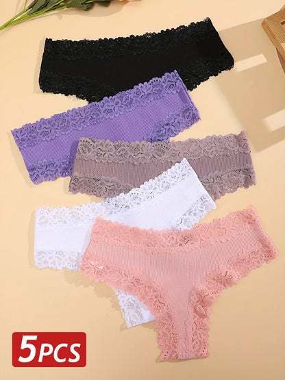 5PCS/Set Women Cotton Panties Sexy Lace Brazilian Panties Low Waist Elastic Thongs Female Comfortable Underwear Solid Color S-XL