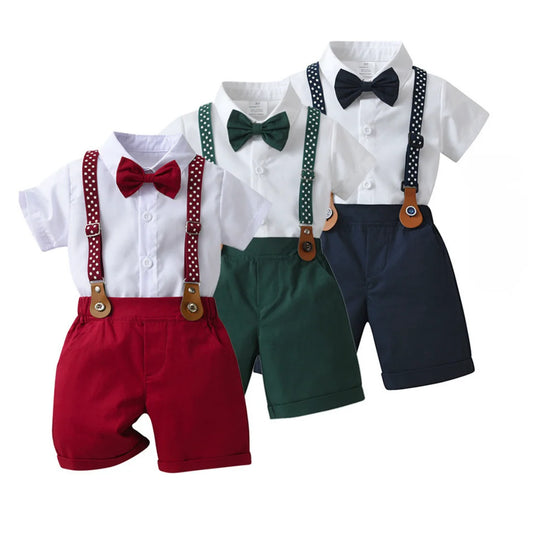 1 2 3 4 5 6 Years Boy Summer Costume Star Print Suspender Set Solid T-shirt Shorts Children Toddler Wedding Suis Kid Cotton Set
