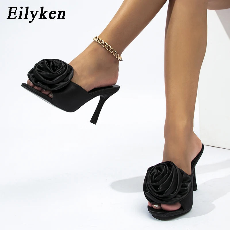 New Style Satin Flowers Women Slippers 2025 Design Mules Slides Shoes Ladies Stiletto High Heels Sandals
