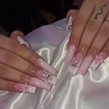 24Pcs Simple Blue French Fake Nails with Diamond Love Pattern Design False Nails Press on Mid-length Ballet Full Cover Nail Tips