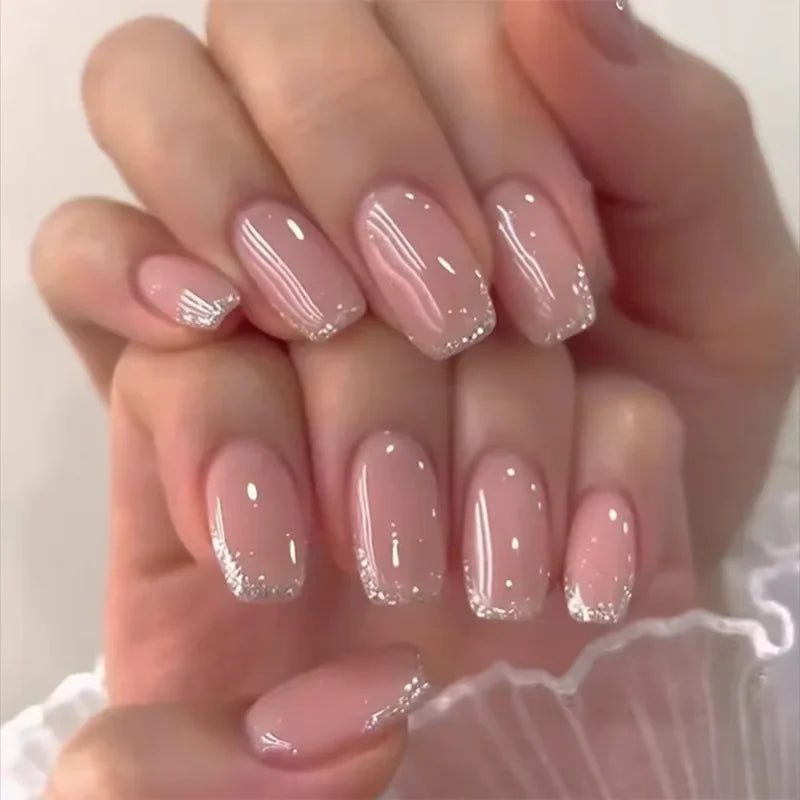 24pcs Black Short Ballet False Nails with Glue French Design Detachable Fake Nails Art Heart Full Cover Press on Nails Tips