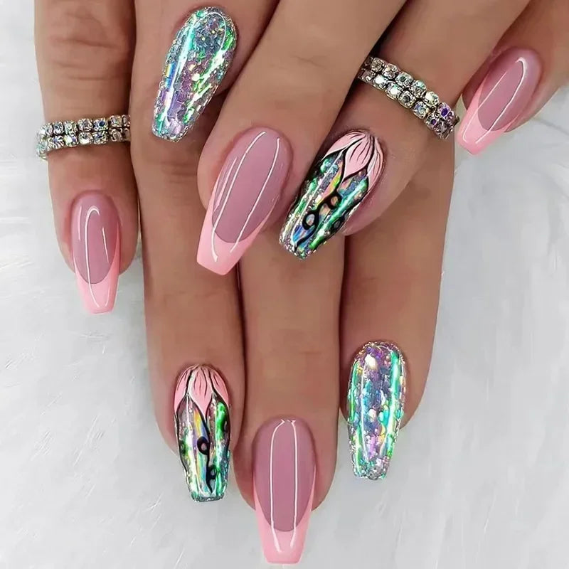 24Pcs Simple Blue French Fake Nails with Diamond Love Pattern Design False Nails Press on Mid-length Ballet Full Cover Nail Tips