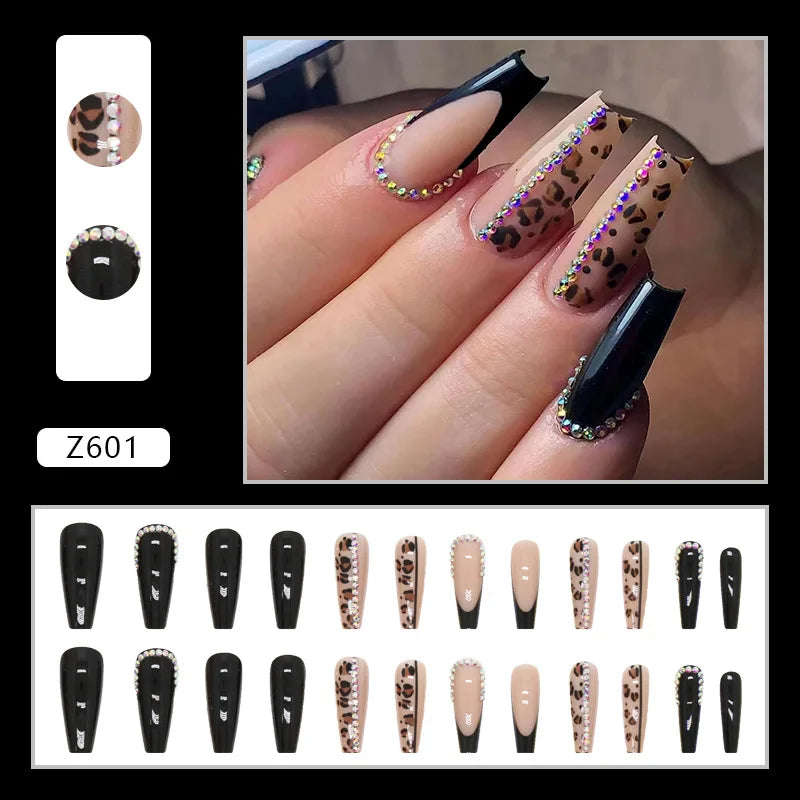 24pcs Artifical Fake Nails Long Coffin French Ballerina Wearable False Nail Tips Finished Rhinstones Flower Design Press on Nail