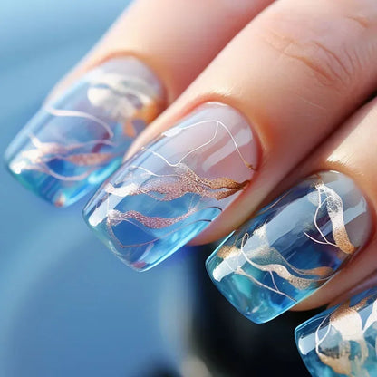 24Pcs Simple Blue French Fake Nails with Diamond Love Pattern Design False Nails Press on Mid-length Ballet Full Cover Nail Tips