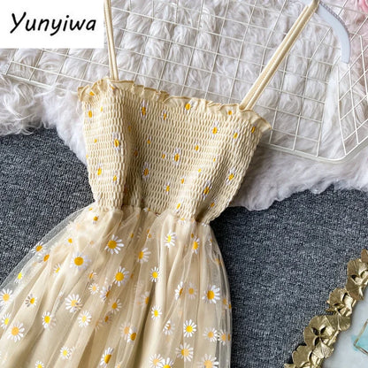 Women daisy Print Dresses Summer Sexy Lace Mesh Dress Spaghetti Strap Ruched Floral