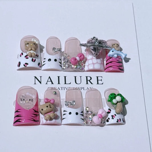 10pcs 3D Hello Kitty Charm Decor Fake Nails Mid-length Duck s