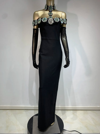 Summer Bandage Dress Women Celebrity Sexy Diamonds Crystal Black Maxi Long Bodycon Elegant Evening Club Party Dress