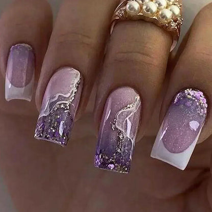 24Pcs Medium Short Square False Nails Glittering Nail Art White Wearable Fake Nail Silver French Full Cover Press on Nail Tips