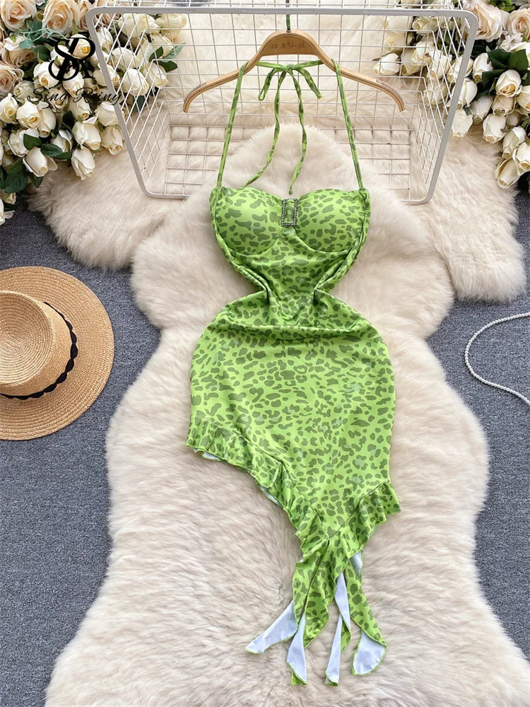 SINGREINY Leopard Irregular Halter Sundress Sleeveless Backless Slim Fit Bodycon Dress
