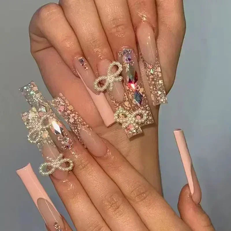 24Pcs Long Ballerina False Nails Press on Nails Serpentine Flower with Rhinestones French Fake Nails Wearable White Nail Tips