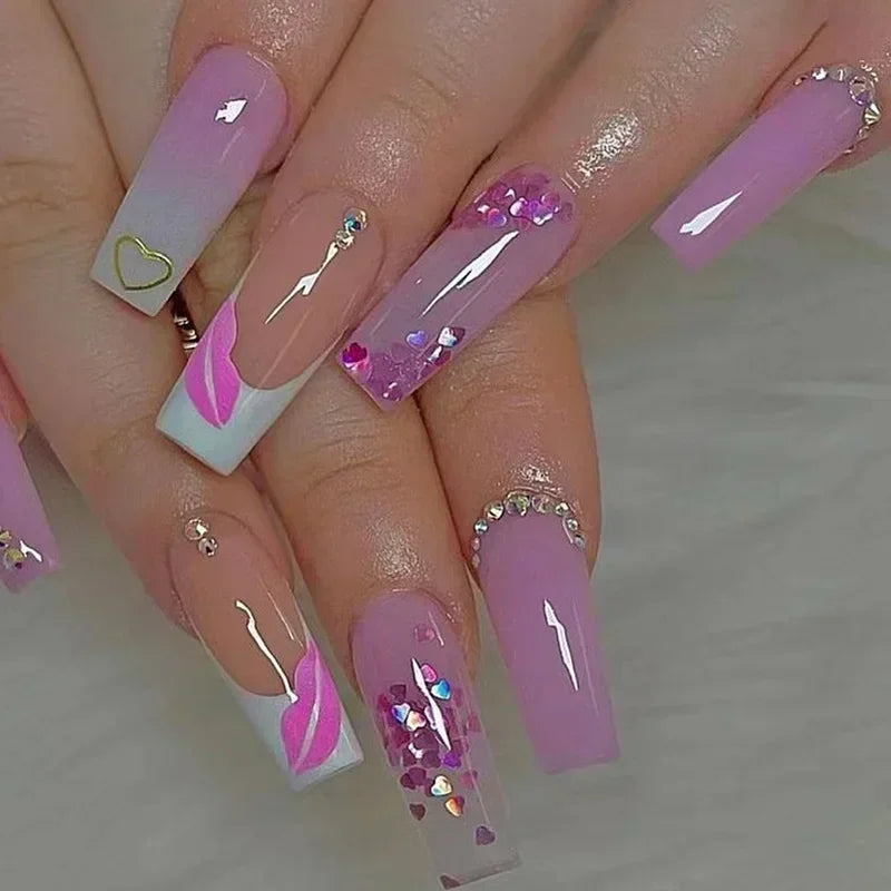 24Pcs Red Heart False Nails Long Luxury with French Design Rhinestone Wearable Fake Nail Simple Decoration Press on Nail Tips