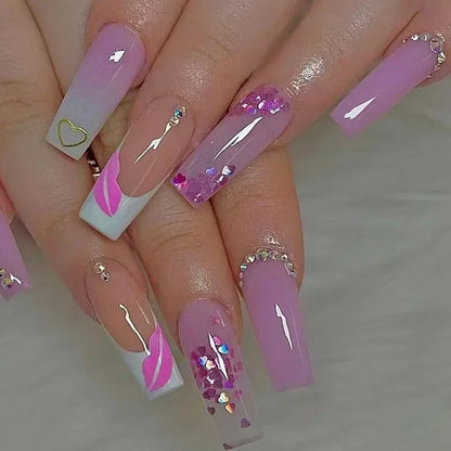 24Pcs Red Heart False Nails Long Luxury with French Design Rhinestone Wearable Fake Nail Simple Decoration Press on Nail Tips