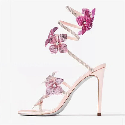 Sexy CRYSTAL Flower Thin High Heels Women Sandals Street Style Narrow Band Ankle Strap