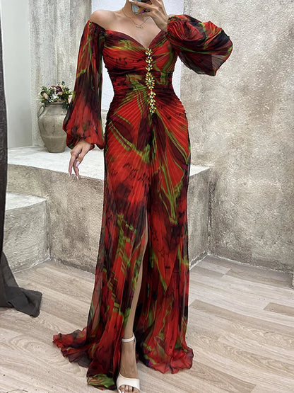 V-Neck Sexy Split Maxi Dress, Long Sleeve Folds Printing Dress