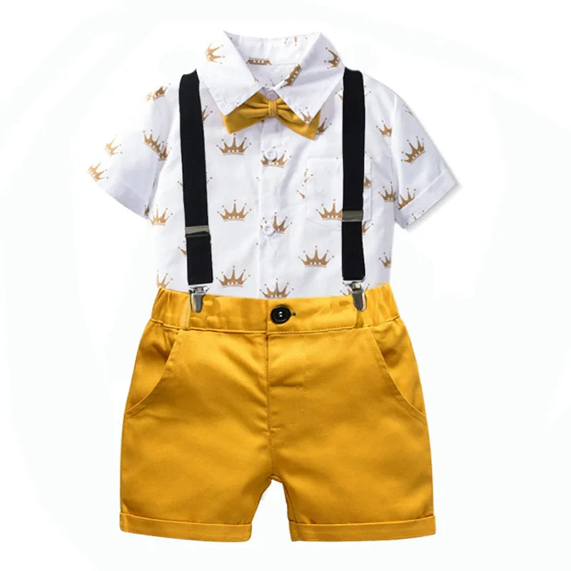 Boys Sets Clothing Summer Crown Print Polo T-Shirt White Shorts Yellow Bowtie Children's Clothing For Boy Kids Clothes Boys