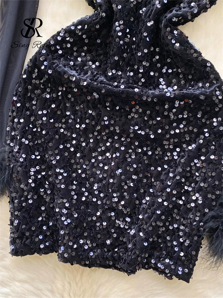 SINGREINY Autumn Luxury Sequins Party Dress Women Stand Collar Fur Long Sleeves Shiny Slim Bodycon Sheer Short Sexy Dress