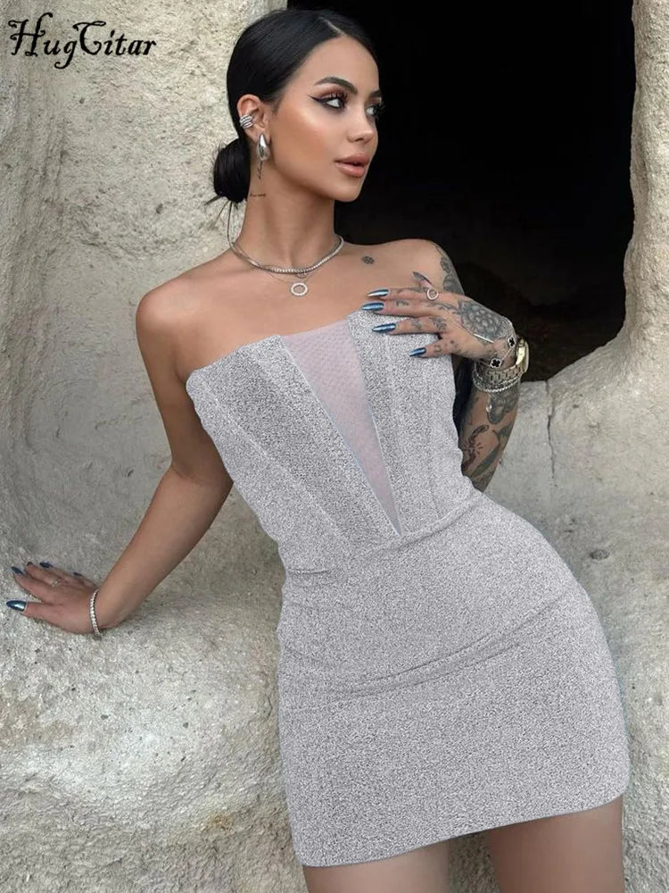 Hugcitar Shine Women Elegant Strapless Solid Patchwork Sexy Bodycon Mini