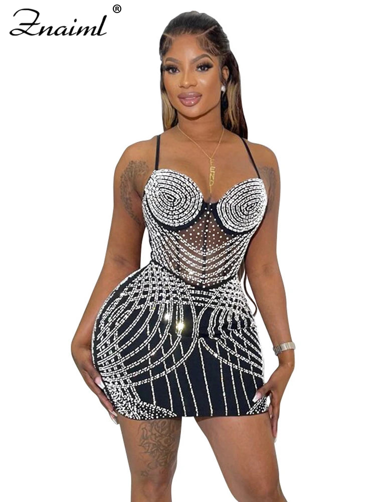 Luxury Sparkly Crystal Diamonds Mesh Sheer Spaghetti Strap Bodycon