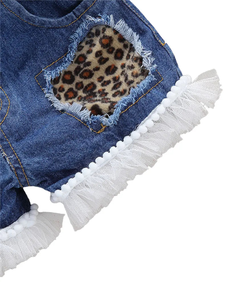 1-6years Baby Girls Denim Casual Outfit Sets Sleeveless Leopard Print Denim Top + Leopard Print Denim Shorts Suits Girls