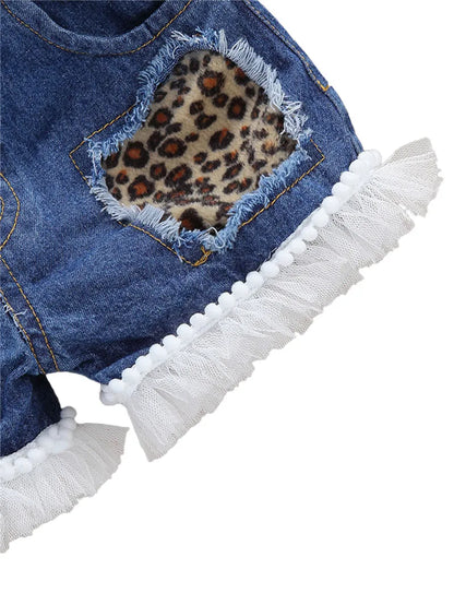 1-6years Baby Girls Denim Casual Outfit Sets Sleeveless Leopard Print Denim Top + Leopard Print Denim Shorts Suits Girls