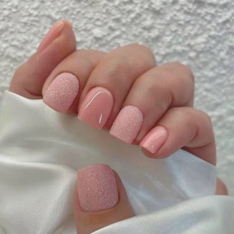 24Pcs Short Square Nude Fake Nails Art White Edge Glossy Artificial French False Nails Removable Full Cover Press on Nail Tips