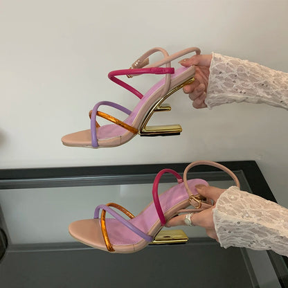 Aneikeh Summer Fashion Fretwork Heels Cross Striped Color Blocked High-heeled Sandals