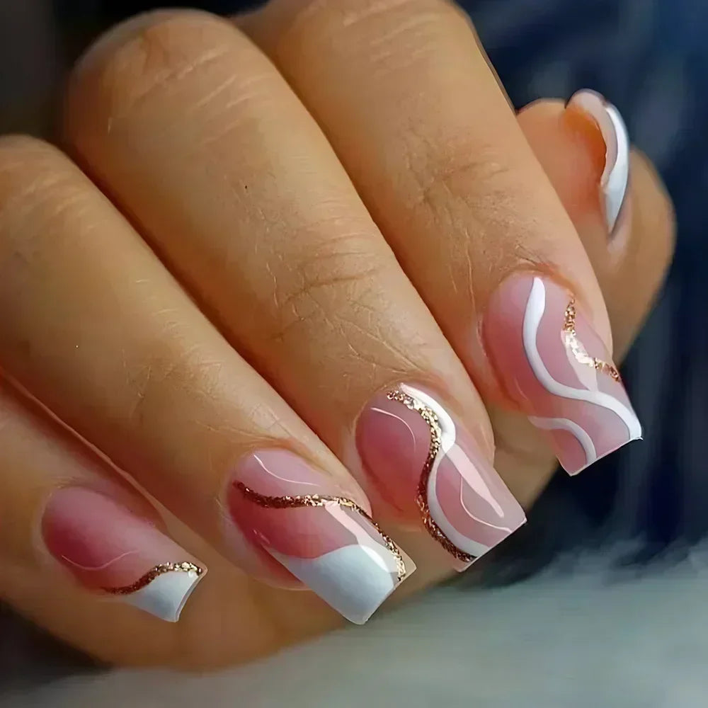 24Pcs Medium Short Square False Nails Glittering Nail Art White Wearable Fake Nail Silver French Full Cover Press on Nail Tips