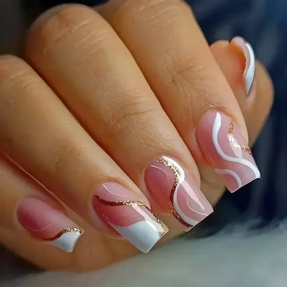24Pcs Medium Short Square False Nails Glittering Nail Art White Wearable Fake Nail Silver French Full Cover Press on Nail Tips